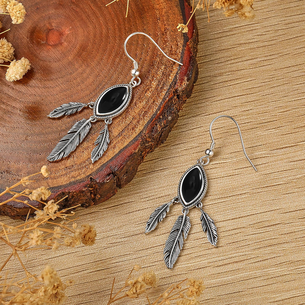 Feather Dangle Earrings for Women 925 Sterling Silver Earrings Turquoise/Labradorite/Black Onyx/Moonstone/Opal Drop Earrings with Feather Boho Vintage Leaf Hook Earrings Western Jewelry Gifts