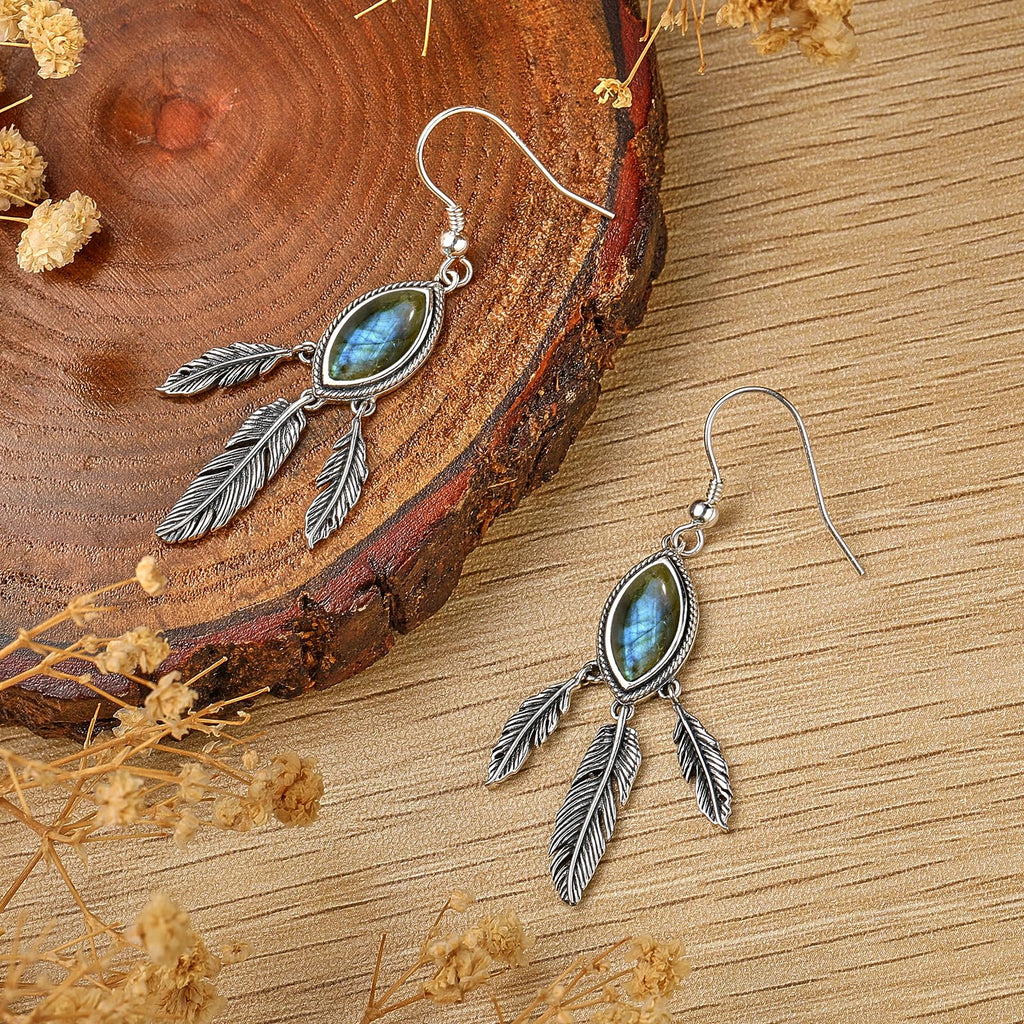 Feather Dangle Earrings for Women 925 Sterling Silver Earrings Turquoise/Labradorite/Black Onyx/Moonstone/Opal Drop Earrings with Feather Boho Vintage Leaf Hook Earrings Western Jewelry Gifts