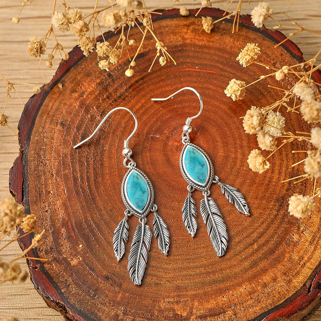 Feather Dangle Earrings for Women 925 Sterling Silver Earrings Turquoise/Labradorite/Black Onyx/Moonstone/Opal Drop Earrings with Feather Boho Vintage Leaf Hook Earrings Western Jewelry Gifts