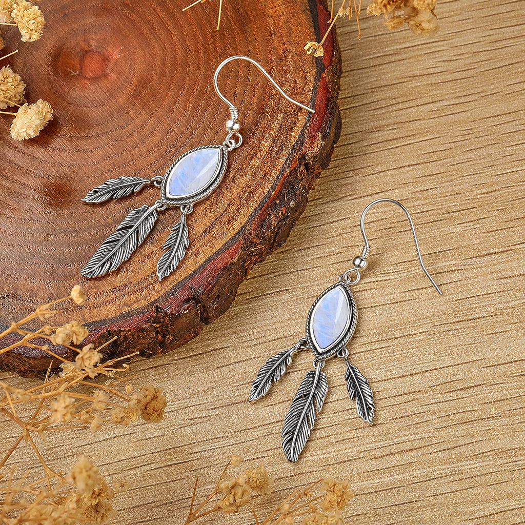Feather Dangle Earrings for Women 925 Sterling Silver Earrings Turquoise/Labradorite/Black Onyx/Moonstone/Opal Drop Earrings with Feather Boho Vintage Leaf Hook Earrings Western Jewelry Gifts
