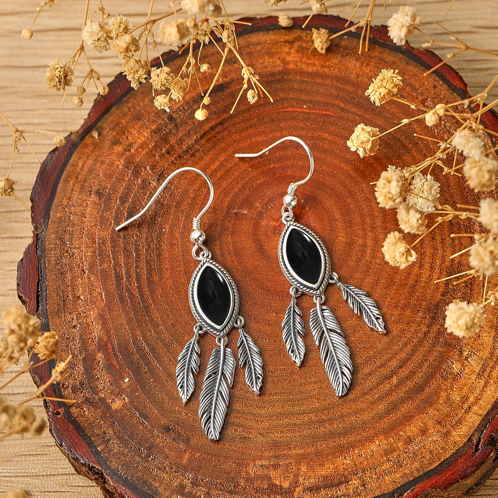 Feather Dangle Earrings for Women 925 Sterling Silver Earrings Turquoise/Labradorite/Black Onyx/Moonstone/Opal Drop Earrings with Feather Boho Vintage Leaf Hook Earrings Western Jewelry Gifts