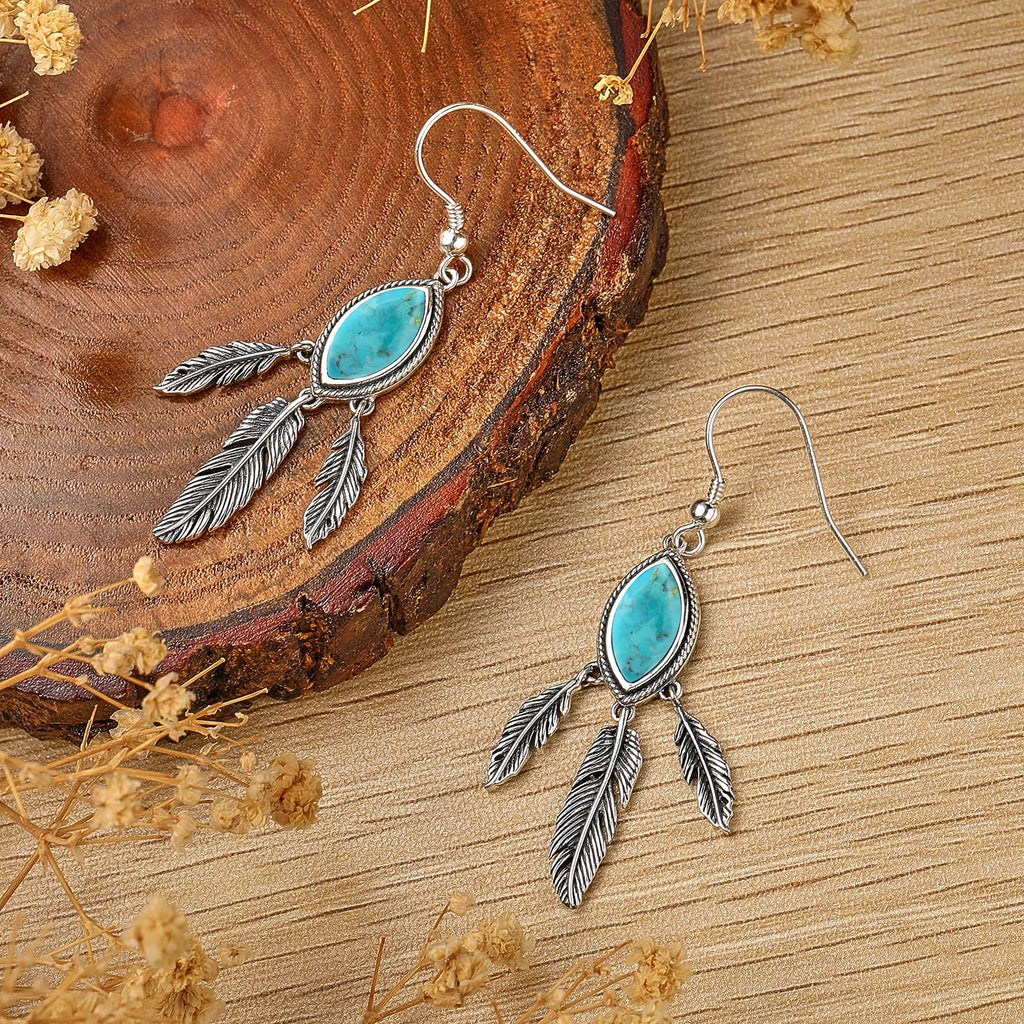 Feather Dangle Earrings for Women 925 Sterling Silver Earrings Turquoise/Labradorite/Black Onyx/Moonstone/Opal Drop Earrings with Feather Boho Vintage Leaf Hook Earrings Western Jewelry Gifts
