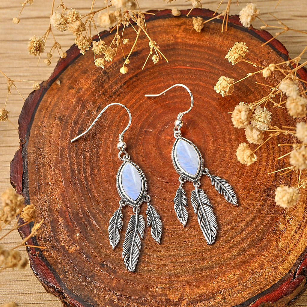 Feather Dangle Earrings for Women 925 Sterling Silver Earrings Turquoise/Labradorite/Black Onyx/Moonstone/Opal Drop Earrings with Feather Boho Vintage Leaf Hook Earrings Western Jewelry Gifts